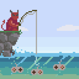 A devil fishing in a pond of snes controllers